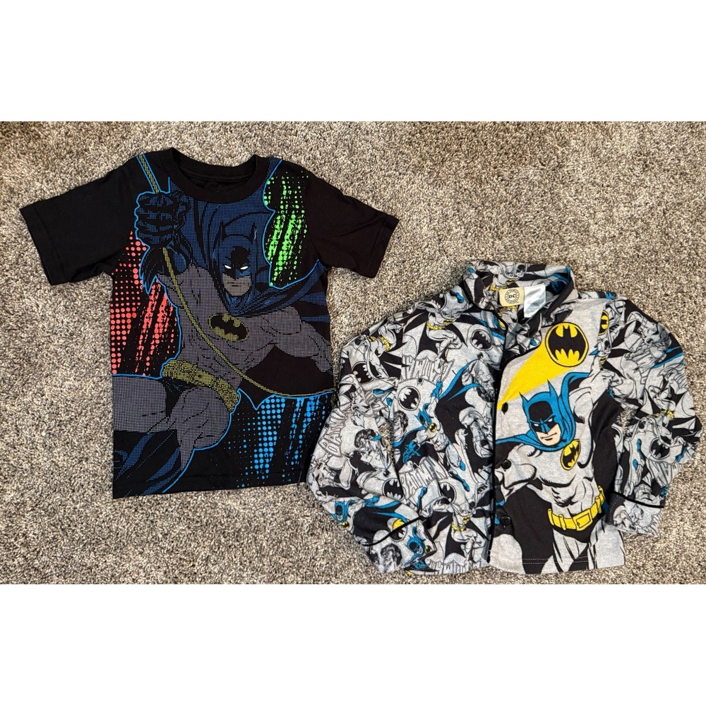 Lot of 2 Kids Batman Shirts -Black Shirt 5T- Pajama Top Sz 6-7